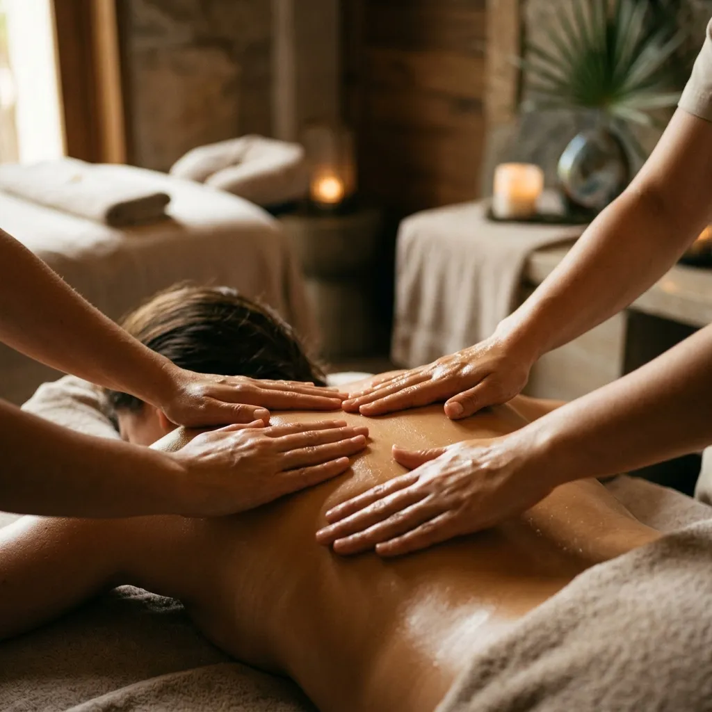 Deux paires de mains massant le dos d'une cliente pendant un massage à 4 mains