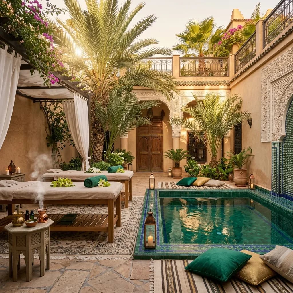 Cour de riad avec piscine et tables de massage à Marrakech