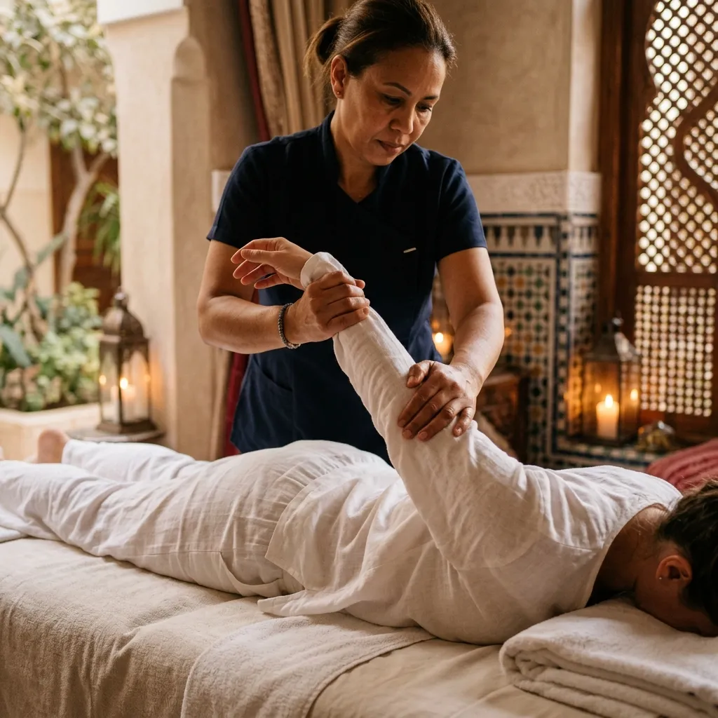 Thérapeute réalisant un étirement de la jambe pendant un massage thaï