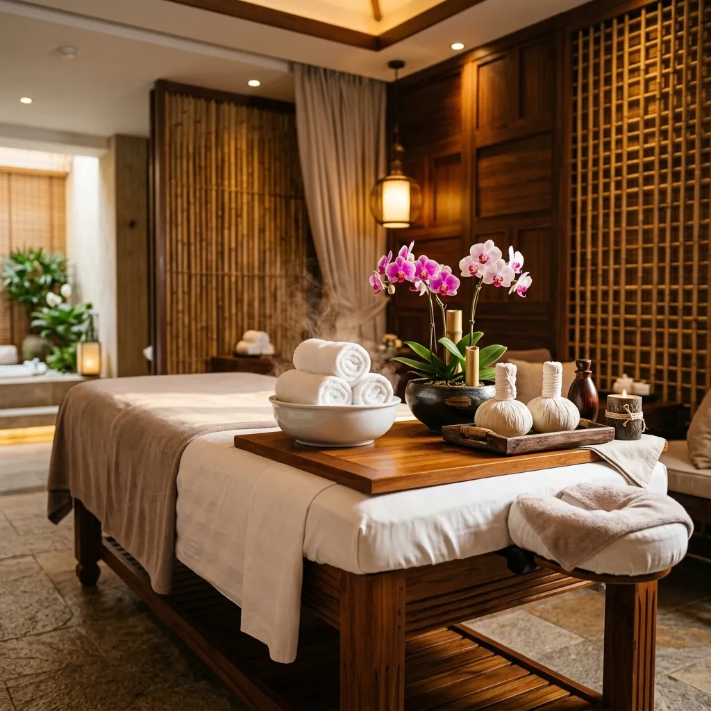 Salle de massage avec serviettes roulées et orchidées